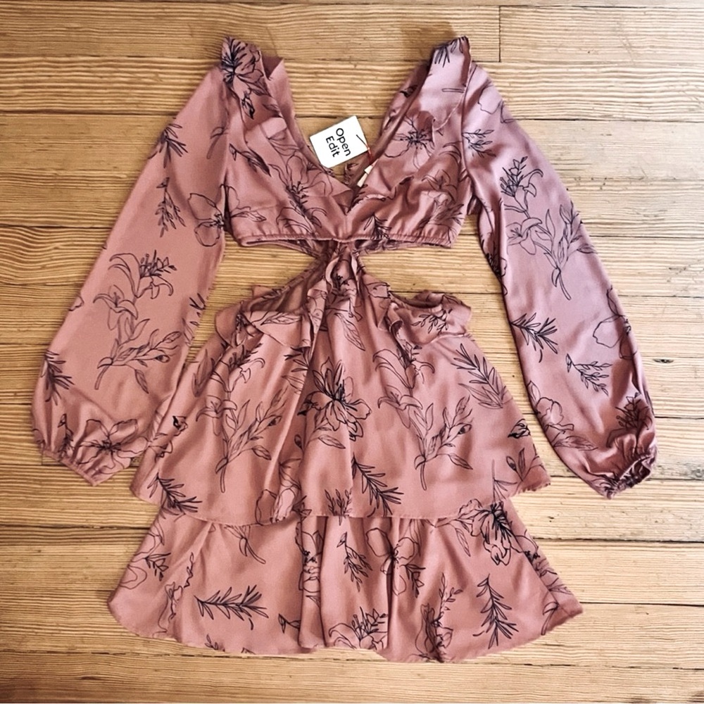 Open Edit Pink Floral Tiered Cutout Dress w/ Open Slits @ The Waist Sz S BNWT